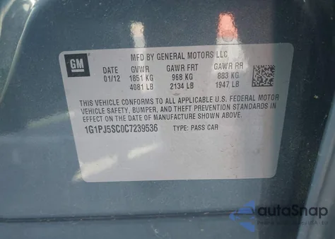 2012 Chevrolet Cruze Eco из США, поврежденный, VIN 1G1PJ5SC0C7239536